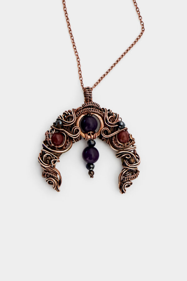 Naszyjnik z ametystem i agatem miedziany ręcznie robiony wire wrapping