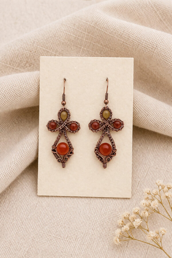 Miedziane kolczyki z topazem, karneolem i jaspisem handmade.
