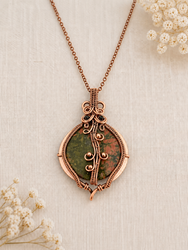 Ręcznie robiony miedziany wisior z zielono-różowym unakitem od Taika Jewelry.