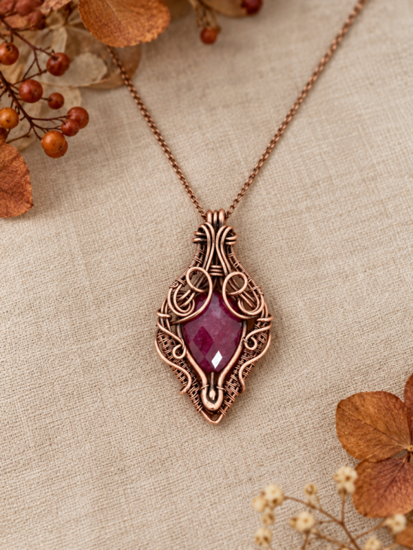 • Naszyjnik wire wrapping z miedzi z fasetowanym granatem, biżuteria artystyczna handmade