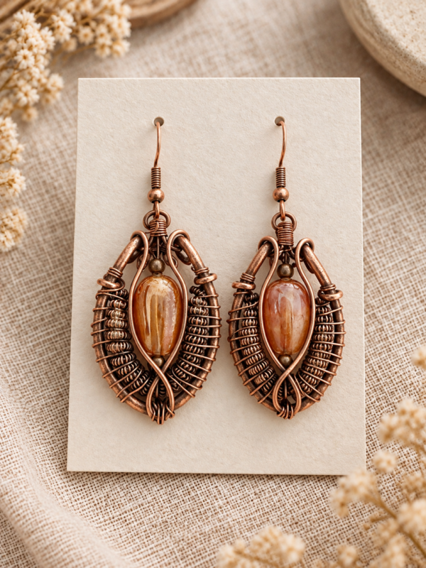 ręcznie robione kolczyki wiszące z czystej miedzi wire wrapping